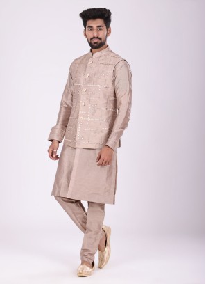 Plastic Mirror Work Nehru Jacket Set In Golden Color