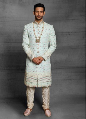 Plastic Mirror Work Sherwani In Sky Blue