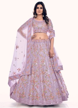 Lavender Floral Embroidered A Line Lehenga Choli