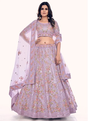 Lavender Floral Embroidered A Line Lehenga Choli