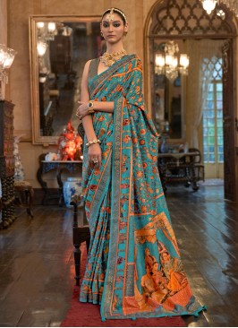 Designer Turquoise Digital Printed Patola Silk Saree