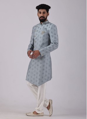 Powder Blue Asymmetric Thread Embroidered Indowestern