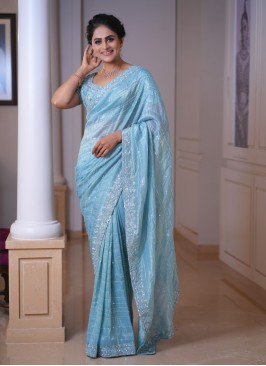 Powder Blue Embroidered Organza Traditional Saree