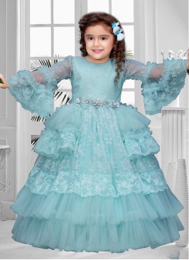 Powder Blue Glitter Embellished Designer Gown