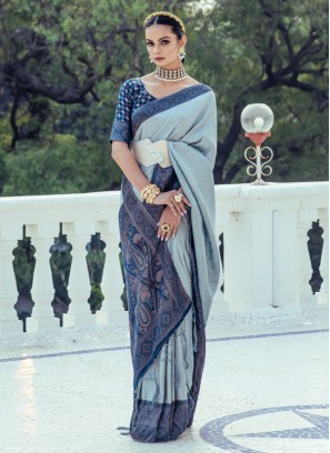 Powder Blue Weaving Embroidered Crepe Silk Saree