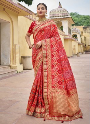 Traditional Deep Red Organza Bridal Saree