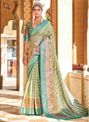 Designer Sea Green Tissue Silk Weaving Saree
