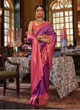 Purple And Pink Traditional Kanjivaram Silk Saree