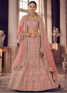 Preferable Peach Organza A Line Lehenga Choli