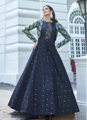 Blue Embroidered Cotton Designer Gown with Jacket