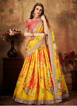 Prepossessing Floral Print Yellow Organza Trendy A Line Lehenga Choli