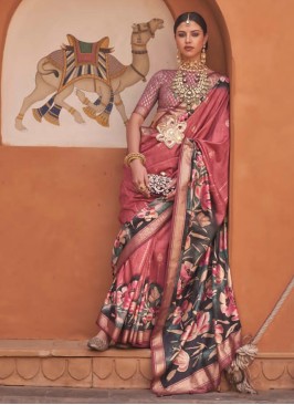 Light Maroon Floral Printed Contemporary Silk Saree