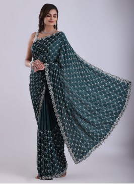 Pretty Dark Green Festive Wear Contemporary Saree