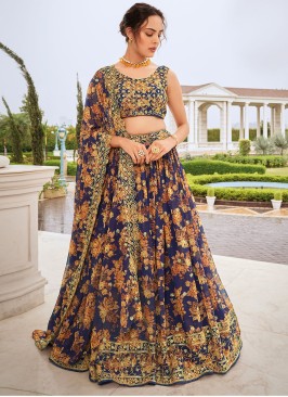 Blue Floral Printed Designer Georgette Lehenga Choli