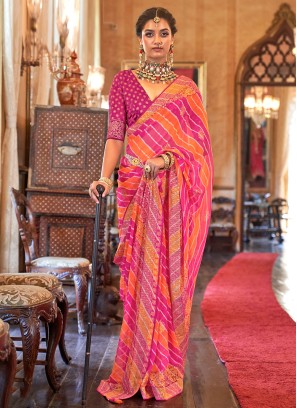 Orange And Pink Leheriya Print Saree In Georgette