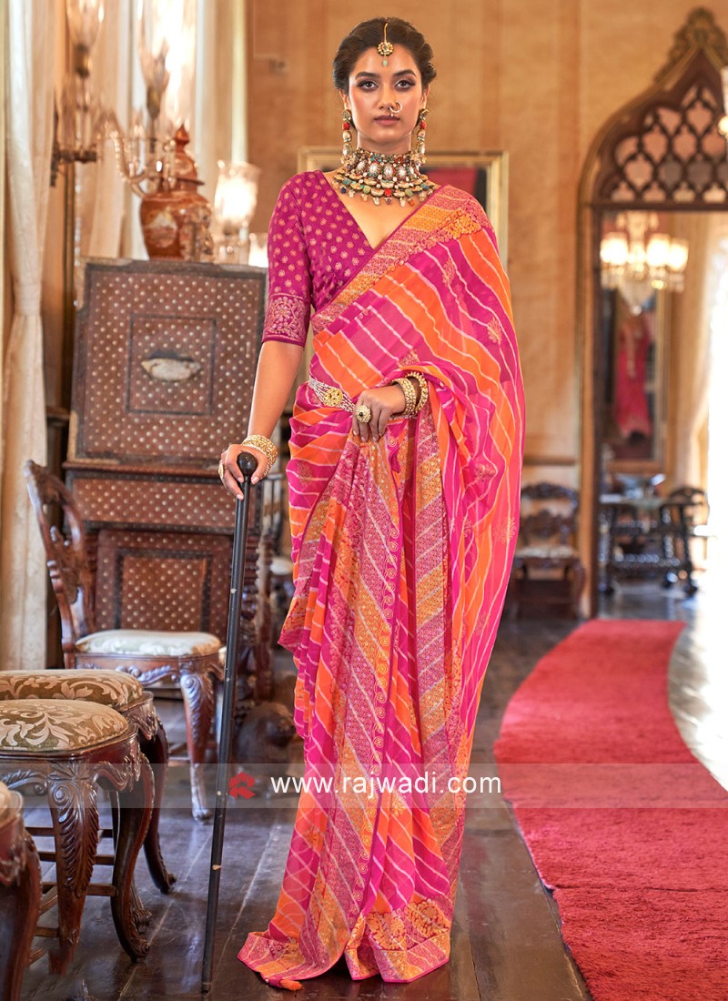 Shop Pure Georgette Leheriya Saree with Embroidery | Gota Patti Work – KcPc  Bandhani