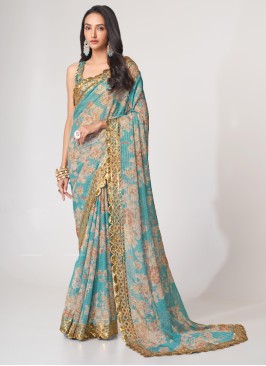 Sky Blue Floral Printed Organza Festive Wear Saree