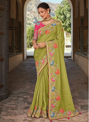 Green Embroidered Organza Satin Silk Contemporary Saree