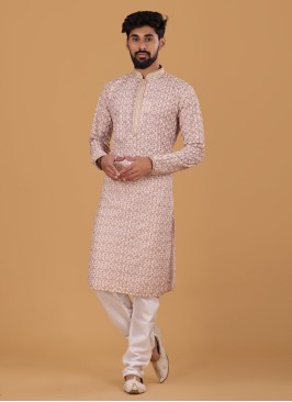 Printed Biege Art Silk Kurta Pajama