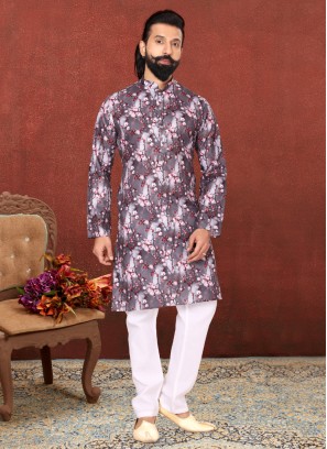 Printed Cotton Kurta Set in Dark Grey