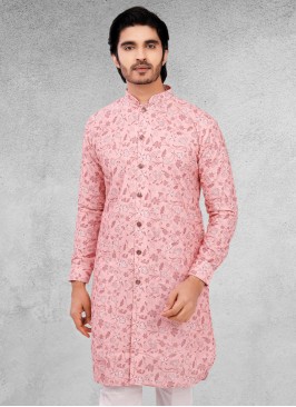 Printed Cotton Silk Kurta In Pink Color