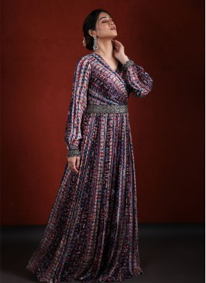 Printed Designer Crepe Silk Jumpsuit With Embroidered Belt