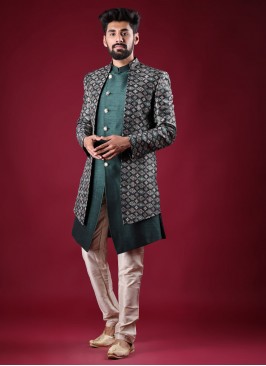 Printed Jacket Style Indowestern In Green color