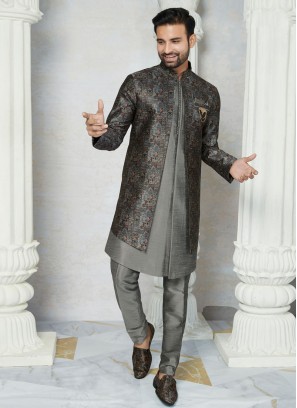 Printed Jacket Style Indowestern In Grey Color