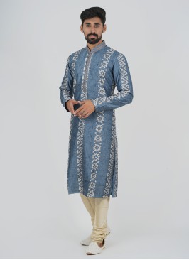 Printed Kurta Pajama In Grey Color