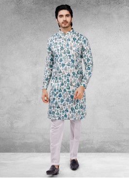 Printed Kurta Pajama In White Color