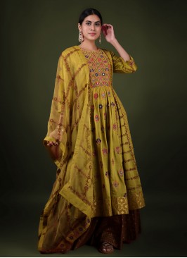 Printed Mehndi Green Salwar Kameez In Raw Silk