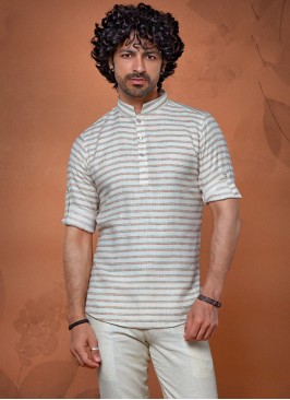 Printed Mens Kurta In Cream