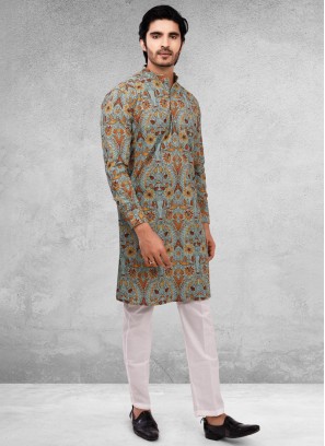 Printed Mens Kurta Pajama In Grey Color