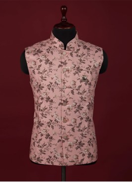 Printed Nehru Jacket In Peach Color