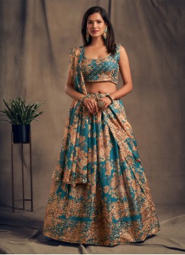 Printed Organza Lehenga In Teal Blue Color