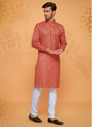 Printed Salmon Color Kurta Pajama For Festive