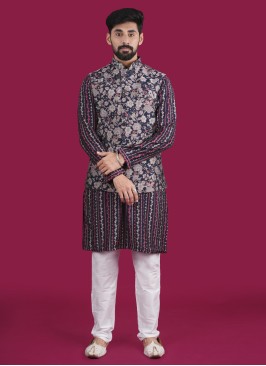 Printed Wedding Wear Silk Nehru Jacket Set