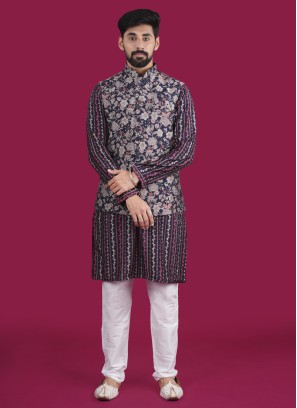 Printed Wedding Wear Silk Nehru Jacket Set