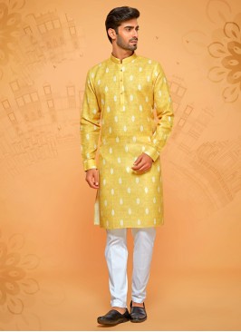 Printed Yellow Cotton Silk Kurta Pajama