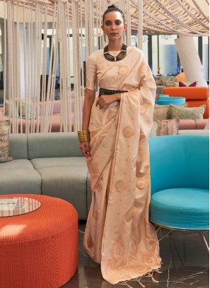 Cream Silk Woven Designer Saree