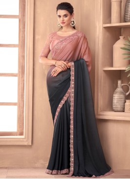 Grey and Rose Pink Embroidered Silk Contemporary Saree