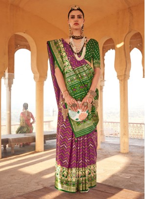 Purple & Green Patola Silk Zari Woven Saree