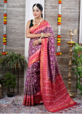 Purple And Red Patola Printed Soft Silk Saree