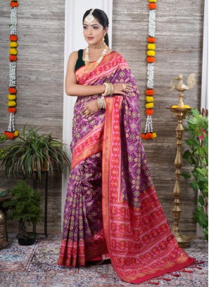 Purple And Red Patola Printed Soft Silk Saree