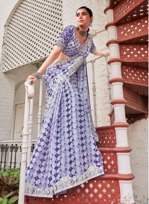 Purple And White Geometric Printed Saree