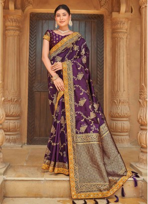 Purple Banarasi Silk Wedding Designer Saree