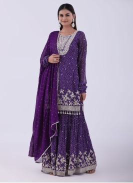 Purple Bandhani Print Georgette Sharara Suit