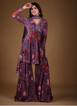 Purple Chiffon Sharara Suit With Floral Print