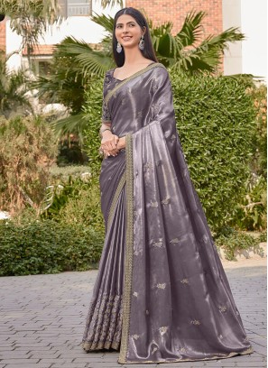 Purple Embroidered Shimmer Silk Saree