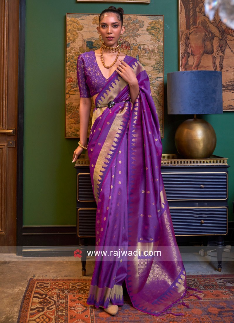 Midnight Purple & White Designer Printed Silk Saree with Contrast Blou –  Ethnos